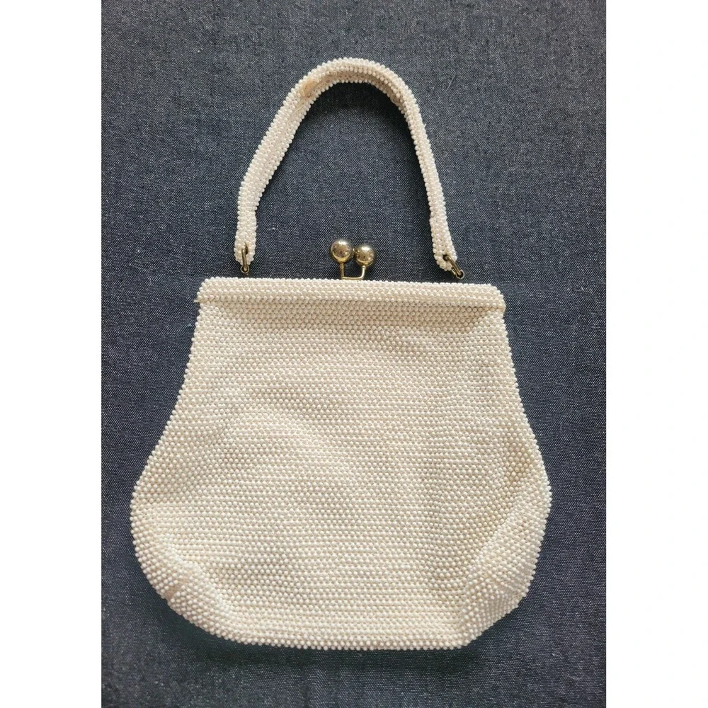 Vintage 50s 60s Corde Lumured Bead White Ivory Kisslock‎ Handbag Purse